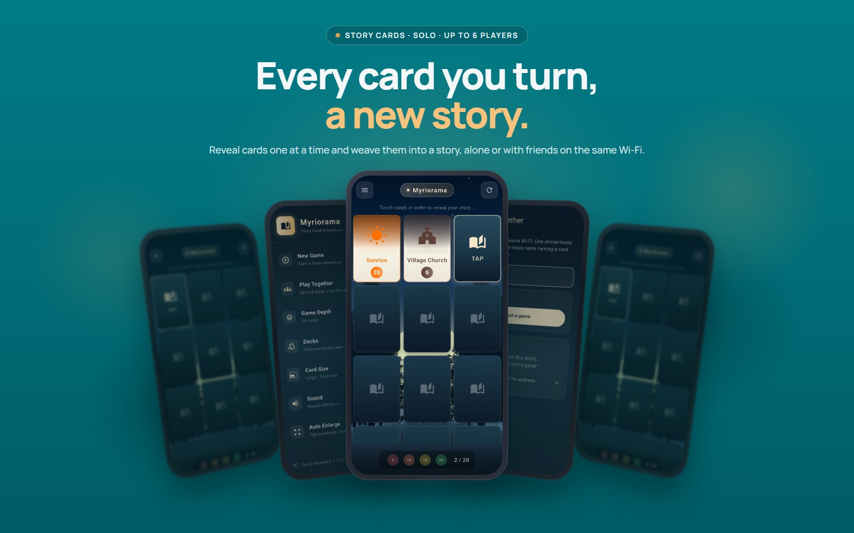 Myriorama shown on five phones: card board, menu, revealed cards and Play Together