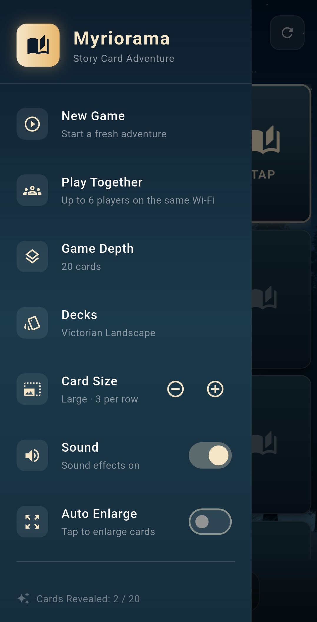 myriorama-menu Myriorama menu with game depth, decks, card size, sound and auto enlarge settings