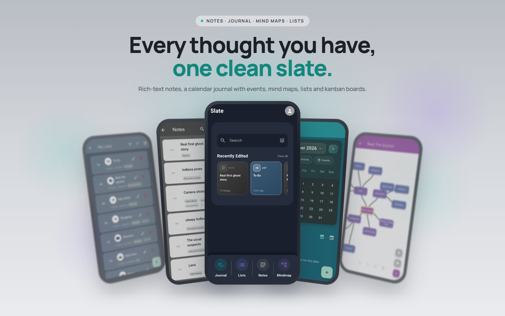Slate app shown on five phones: home, notes, lists, calendar and mind map