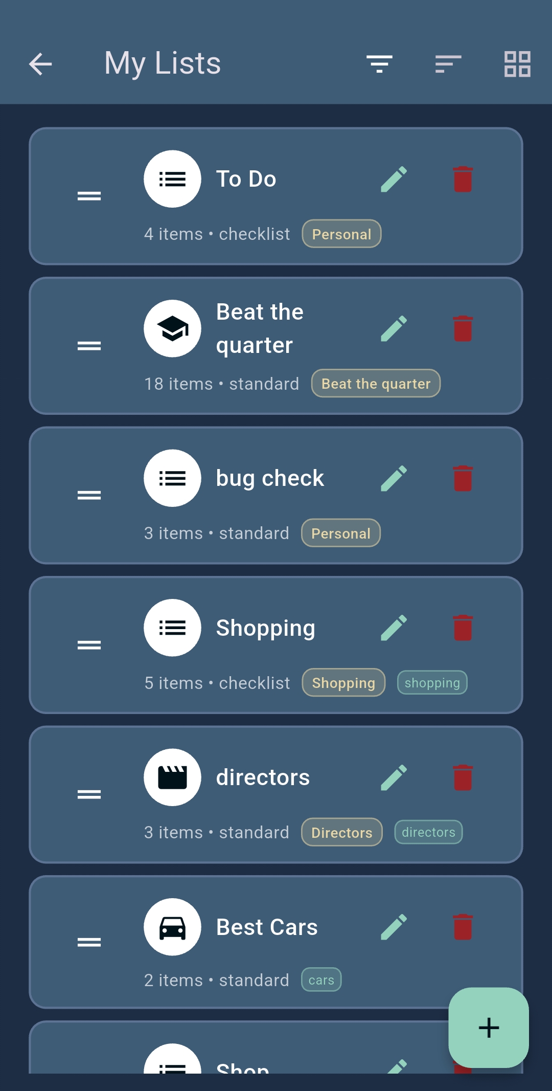 Slate lists Slate lists screen showing checklists and standard lists with tags