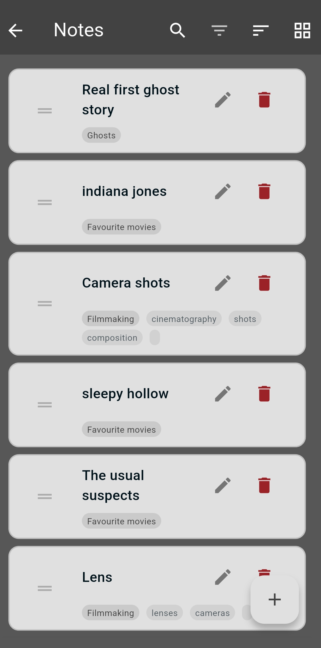 Slate notes Slate notes list with tags, search, filter and sort